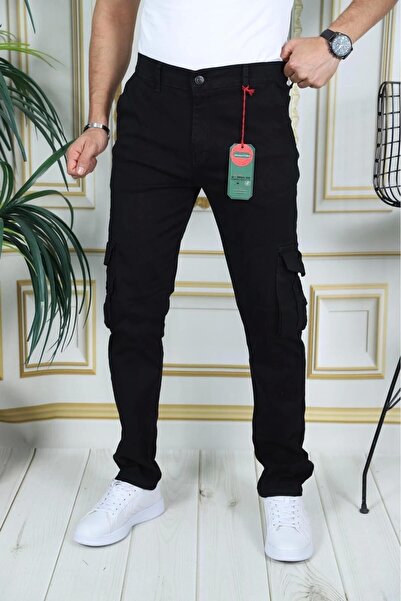PHANTOM JEANS Erkek Siyah Likralı Kargo Pantolon Esnek Gabardin/kanvas Körüklü Cep Komando Kargo Cep Şık Pantolon