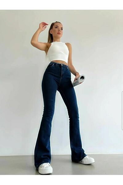 MAKRAS EXCLUSIVE A120337 Women's Night Blue High Waist Flare Jeans Spanish Leg Jeans Pants