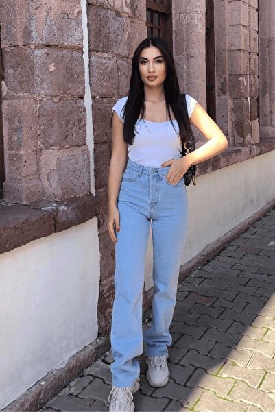 MAKRAS EXCLUSIVE A190405 Women's Ice Blue Lycra Super High Waist Wide Leg Jean Boyfriend Loose Baggy Denim Pants