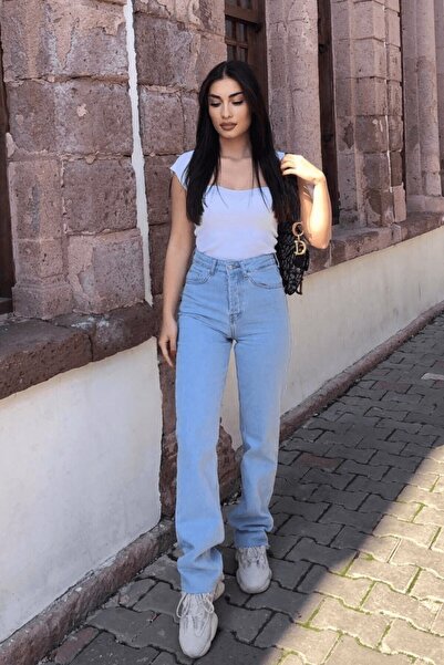 MAKRAS EXCLUSIVE A190405 Women's Ice Blue Lycra Super High Waist Wide Leg Jean Boyfriend Loose Baggy Denim Pants