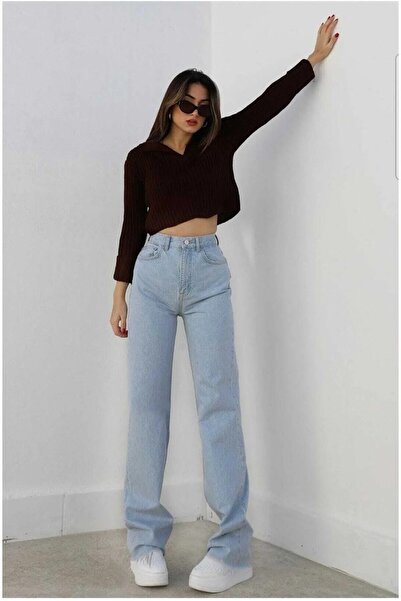 MAKRAS EXCLUSIVE A185072 Ice Blue Women's Loose Lycra 90's Super High Wide Leg Jeans Palazzo Pants Waist Boyfriend