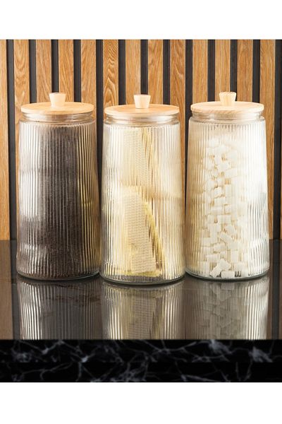 Kitchen Pembelia 3-Piece 2400 ml Vacuum Wooden Lid Glass Pulses Tea Sugar Coffee Salt Jar Storage Container