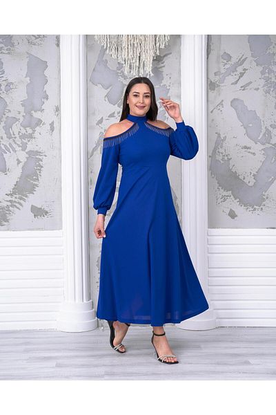 Butik Nilyam Γυναικείο βραδινό φόρεμα με μακρύ μπαλόνι με λαιμόκοψη με αλυσίδα με φούντα 24626