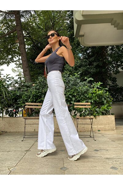 ByCukurovaFrango By-3216 Jeans White High Waist Boyfriend Wide-Leg Denim Pants