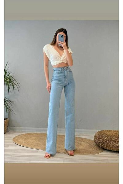 MAKRAS EXCLUSIVE Blue Snow Wash High Waist Wide Leg Denim Jeans - Wide Leg