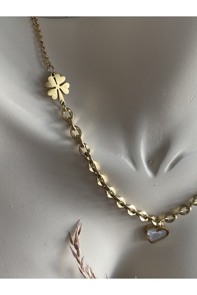 Lucios Luck Heart-Clover Detailed Stainless Steel Necklace (47 cm Extension Included)