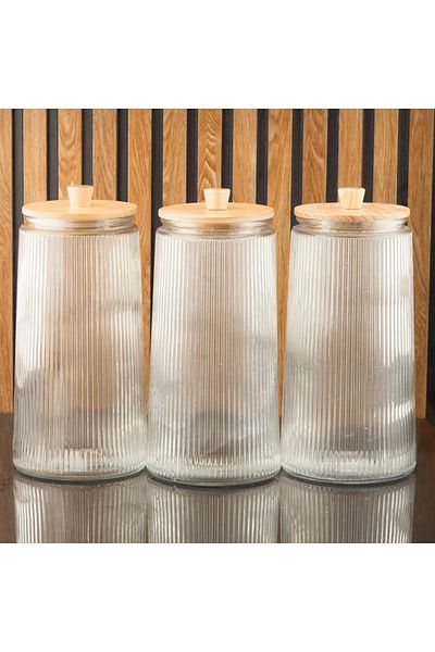 Kitchen Pembelia 3-Piece 2400 ml Vacuum Wooden Lid Glass Pulses Tea Sugar Coffee Salt Jar Storage Container