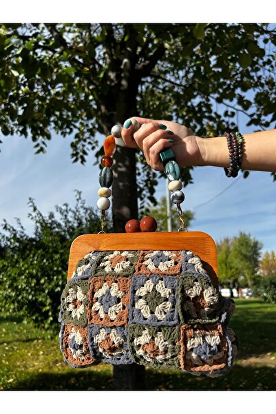 Patiska Tasarım El Örgüsü Ahşap Burslu Motifli Günlük Çanta Clutch