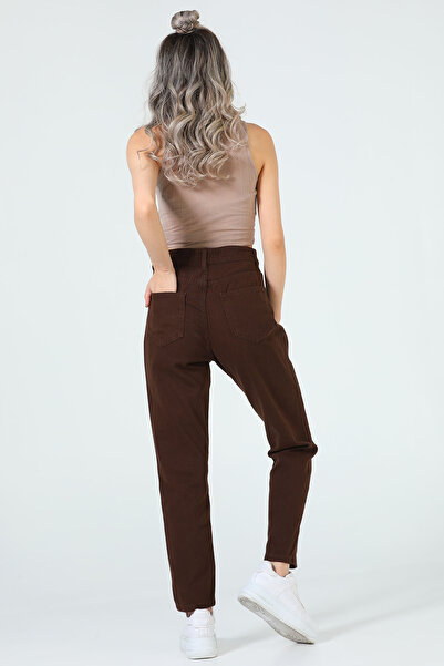 MAKRAS EXCLUSIVE A138683 Women's Mom Jeans Pants Brown High Waist Slim Leg Jeans