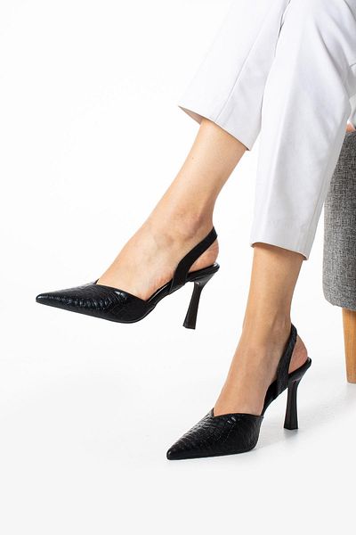 PARİS Women's Black Metallic Simple and Eye-Catching Design Heeled Shoes