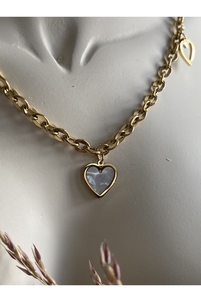Lucios Luck Heart-Clover Detailed Stainless Steel Necklace (47 cm Extension Included)