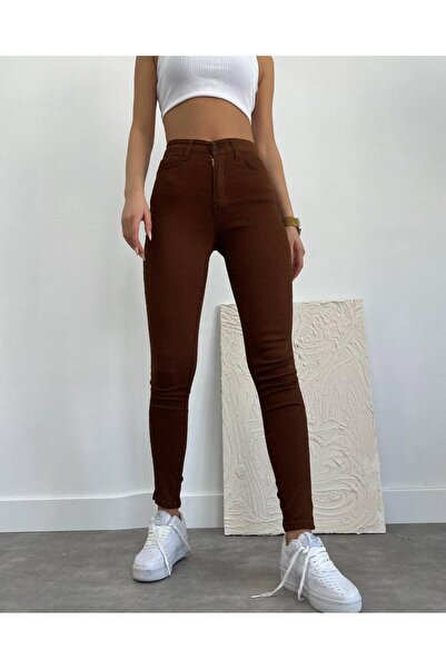 MAKRAS EXCLUSIVE A128009 Καφέ ψηλόμεσο τζιν Mom Jeans με στενό πόδι