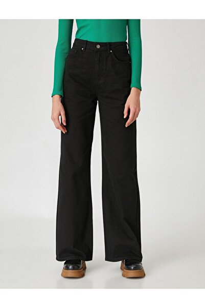 JAXEN Ns-83318 Women's Black Colorfast Stretch Fabric Model Cargo Palazzo Pants Classic Pocket Jeans with Back Pocket