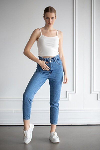 ByCukurovaFrango BY-3701 Τζιν παντελόνι με διπλό κουμπί, μπλε μαμάνικο τζιν μ...