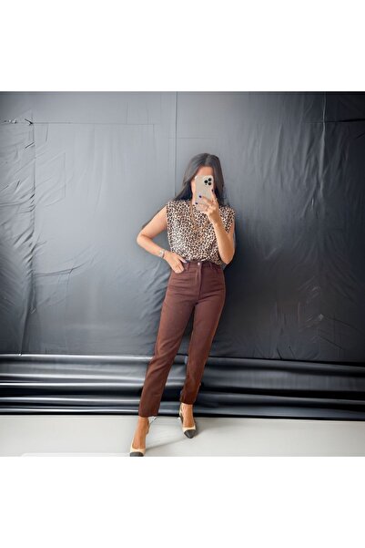 MAKRAS EXCLUSIVE A176047 Γυναικείο τζιν με ψηλόμεσο καφέ τζιν παντελόνι με στενό πόδι