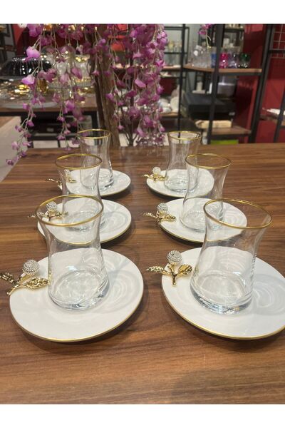 SEÇKİNEV YENİ PORSELEN TABAKLİ TOMURCUKLU 6 KİŞİLİK ÇAY SETİ