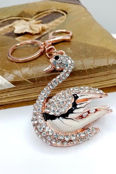 Dünyadan Hediyeler White Black Swan Keychain with Crystal Stones No.2