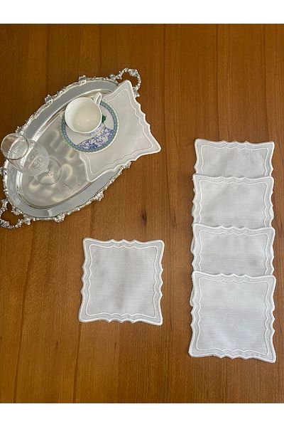 Smiling Home 6 Pieces Linen Ecru Color Double Wrapped Zigzag Square Patterned Cocktail Presentation Napkin