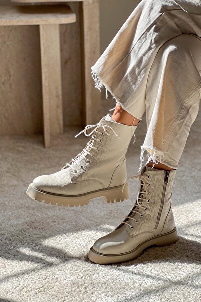 NİŞANTAŞI SHOES Tempest Ekru Hakiki Deri Topuklu Bağcıklı Kadın Postal