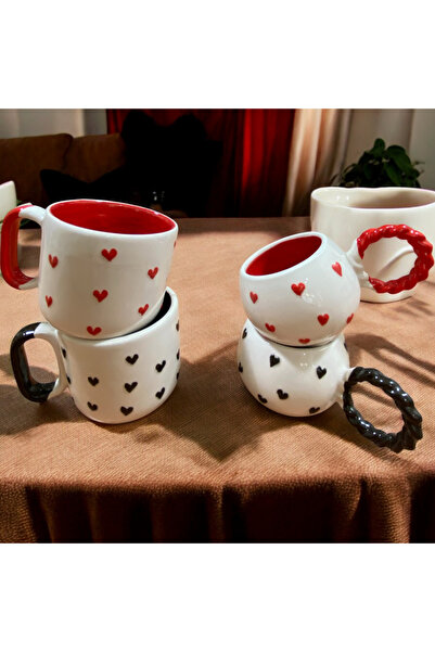 SeraCEY Set of 4 Custom Embossed Heart Hand Embroidered Ceramic Lover Mug
