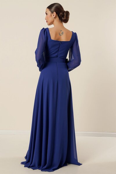 By Saygı Kare Yaka Beli Kemerli Astarlı Şifon Uzun Abiye