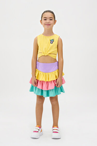 Panço Kız Çocuk Aplike Detaylı Sarı Crop Atlet