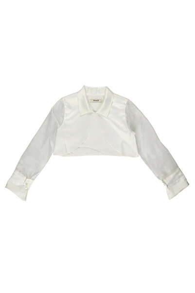 Panço Kız Çocuk Kolları Organze Detaylı Ekru Crop Ceket