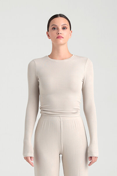 SHEISMONO Béžová měkká žebrovaná halenka s kulatým výstřihem