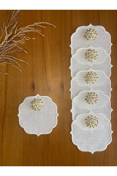 Smiling Home 6 Pieces Linen Ecru Color Gold Pearled Cocktail Serving Napkin