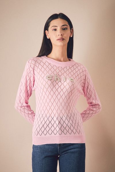 Fulla Moda Stone Embroidered Crew Neck Knitwear Sweater