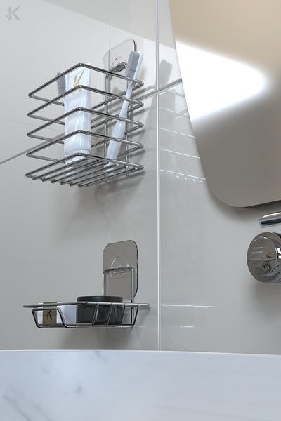 KARTEYA Stainless Metal Bathroom Wall Organizer - Adhesive Toothbrush Holder and Soap Dish Set - Super Set of 2