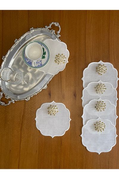 Smiling Home 6 Pieces Linen Ecru Color Gold Pearled Cocktail Serving Napkin