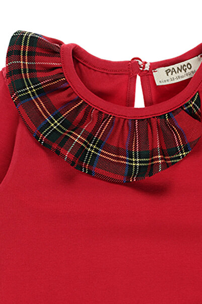 Panço piros, hosszú ujjú, fodros gallérral ellátott baba póló