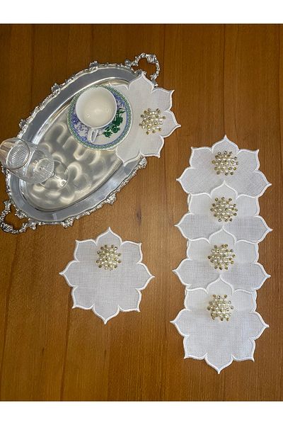 Smiling Home 6 Pieces Linen Linen Ecru Color Gold Pearl Star Patterned Cocktail Presentation Napkin