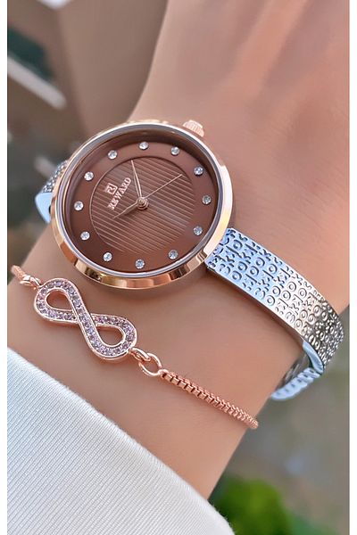 Reward Brand Rose Silver Color Small Case Steel Cord Women's Wristwatch - with Bracelet Gift