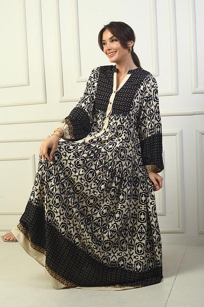 By Saygı Women's Half Buttoned Front Elastic Sleeve Authentic Patterned Hijab Long Dress