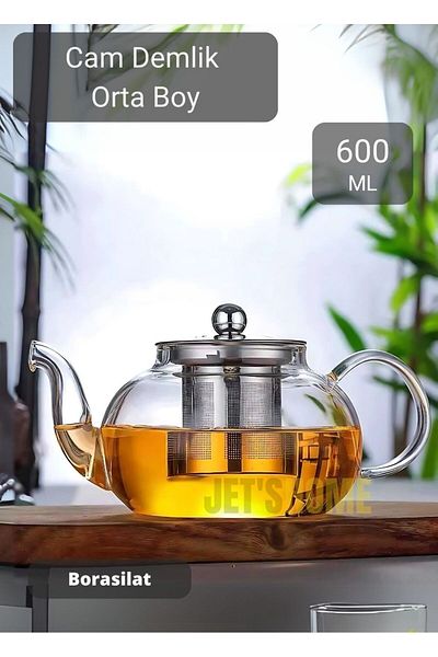 Jet's Home 600 ml Borosilate Glass Teapot - Heat Resistant Herbal Tea with Steel Strainer