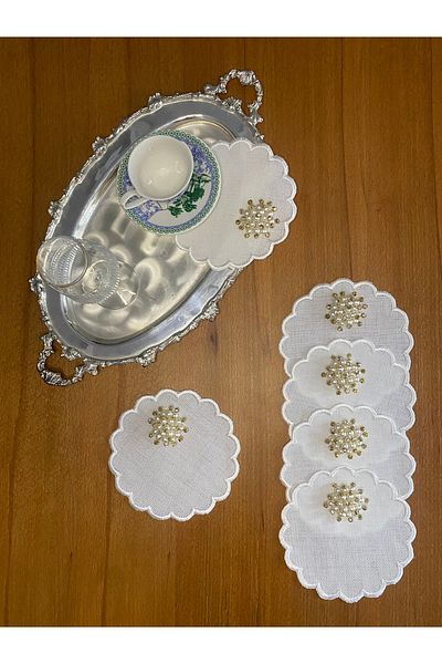 Smiling Home 6 Pieces Linen Ecru Color Daisy Patterned Cocktail Serving Napkin with Gold Pearls