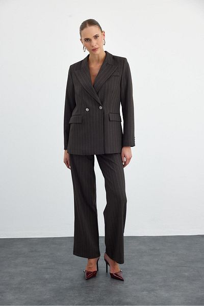 Tuba Butik Striped Double Breasted Brown Blazer Jacket Pants Women's Set