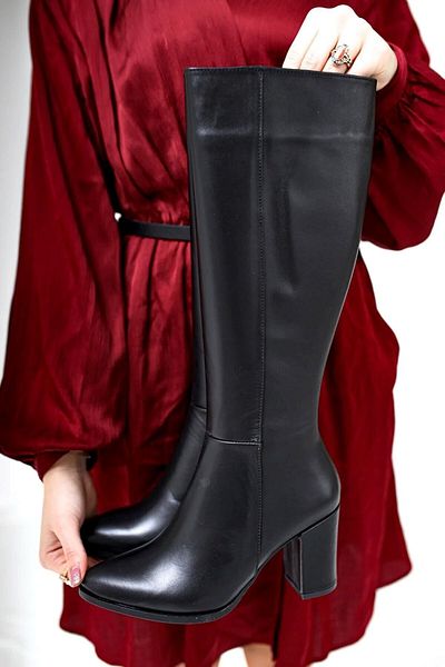 motto store Women's Heeled Long Boots Women's Black Zippered Below the Knee Length Heeled Boots Heel Height 9 cm