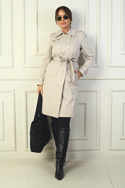 By Saygı Women's Buttoned Front Waist Belted Pocket Top Coat