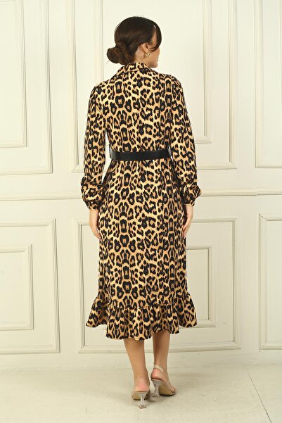 By Saygı Γυναικείο πουκάμισο με γιακά μακρυμάνικο μπροστινό φόρεμα με λεοπάρ στάμπα με ζώνη