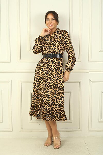 By Saygı Γυναικείο πουκάμισο με γιακά μακρυμάνικο μπροστινό φόρεμα με λεοπάρ στάμπα με ζώνη