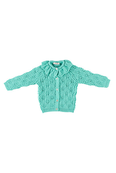 Panço Kız Bebek Fırfır Yakalı Düğmeli Triko Mint Hırka