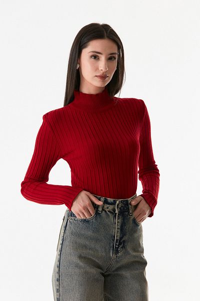 Fulla Moda Ribbed Stand Collar Knitwear Sweater