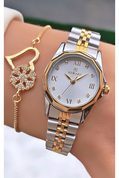 Reward Brand Yellow Silver Color Small Case Steel Cord Women's Wristwatch - with Bracelet Gift