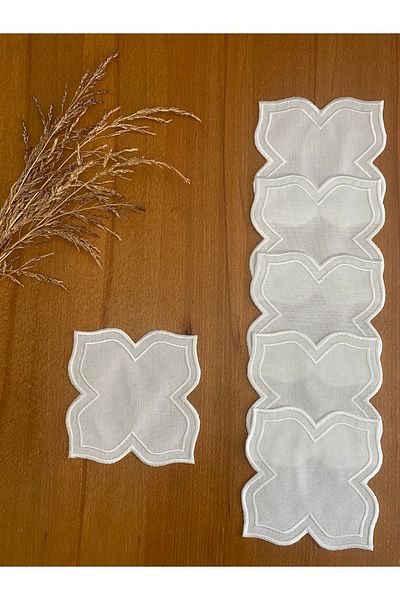 Smiling Home 6 Pieces Linen Ecru Color Double Lotus Patterned Cocktail Serving Napkin