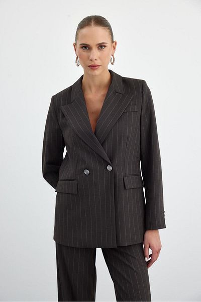 Tuba Butik Striped Double Breasted Brown Blazer Jacket Pants Women's Set