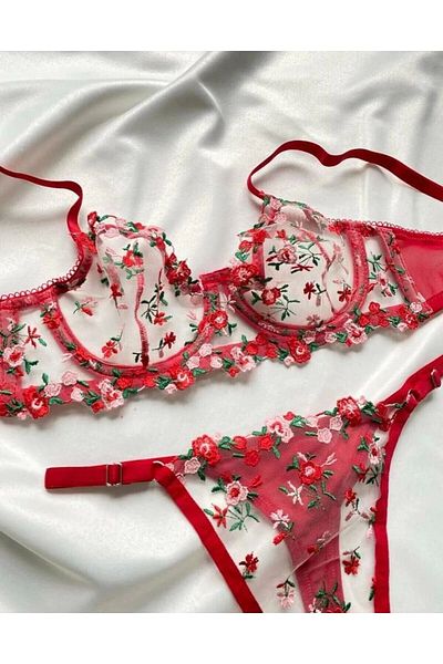 ECELİ GİYİM Arona Lilac-Red and Pink Floral Patterned Embroidered Red Bra Thong Set