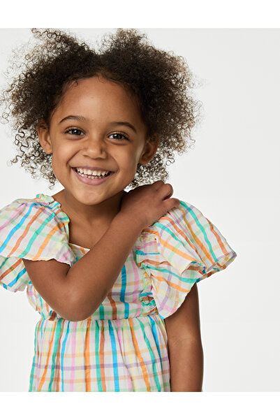 Marks & Spencer Saf Pamuklu Ekose Desenli Elbise (2-7 Yaş)